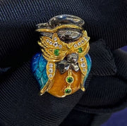 White Diamond Owl General Emerald Enamel Brooch